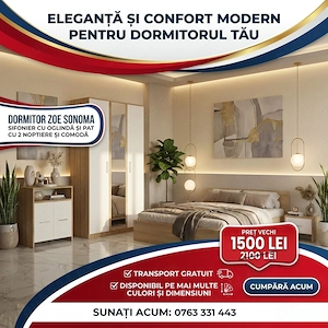Dormitor Zoe Sonoma Sifonier cu Oglinda si Pat cu 2 Noptiere Si Comoda Transport rapid Descoperă ast