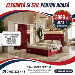 Dormitor Bia Rosu Pat Tapitat cu 2 Noptiere si Dressing Tapitat 250  Finisaje premium Variantă deose