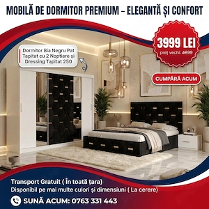Dormitor Bia Negru Pat Tapitat cu 2 Noptiere si Dressing Tapitat 250 Disponibil acum Descoperă rapid