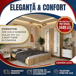 Dormitor Zoe Gold Sonoma Dulap Pat cu 2 noptiere si Comoda Model popular Comandă rapid dormitoare mo