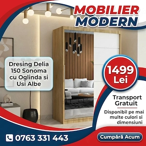 Dresing Delia 150 Sonoma cu Oglinda si Usi Albe Ofertă limitată Variantă elegantă