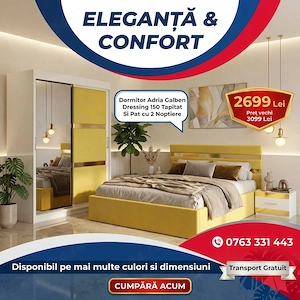 Dormitor Adria Galben Dressing 150 Tapitat Si Pat cu 2 Noptiere Livrare rapidă Model nouă