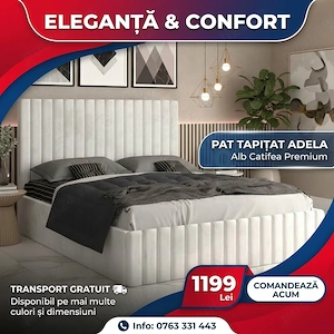 Pat Tapitat Adela Alb Catifea Premium Disponibil acum Mobilă dormitor la ofertă