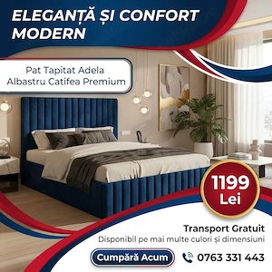 Pat Tapitat Adela Albastru Catifea Premium  Materiale de calitate Mobilă dormitor promoție