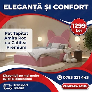 Pat Tapitat Amira Roz cu Catifea Premium Disponibil acum Mobilă dormitor super ofertă