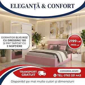 Dormitor Elys Roz cu Dressing 150 si Pat Tapitat Cu 2 Noptiere  Materiale de calitate Variantă deose