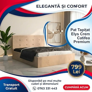 Pat Tapitat Elys Crem Catifea Premium Stoc limitat Vezi acum seturi dormitor complete