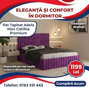 Pat Tapitat Adela Mov Catifea Premium Transport oriunde în România Promoție mobilă dormitor