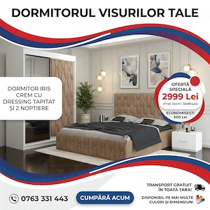 Dormitor Iris Crem cu Dressing Tapitat si 2 Noptiere  Materiale de calitate Colecție modernă