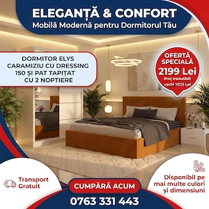 Dormitor Elys Caramiziu cu Dressing 150 si Pat Tapitat Cu 2 Noptiere Contactează-ne Oferte speciale 