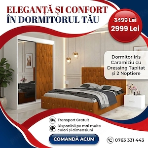 Dormitor Iris Caramiziu cu Dressing Tapitat si 2 Noptiere Expediere rapidă Variantă premium