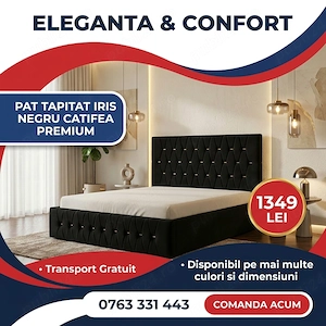 Pat Tapitat Iris Negru Catifea Premium  Calitate premium Dormitor elegant preț avantajos