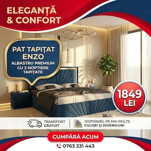 Pat Tapitat Enzo Albastru Premium Cu 2 Noptiere Tapitate Expediere rapidă Set dormitor complet preț 