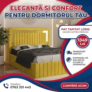 Pat Tapitat Loris Galben Catifea Premium Disponibil acum Dormitor elegant preț bun