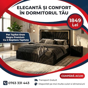 Pat Tapitat Enzo Negru Premium Cu 2 Noptiere Tapitate Transport rapid Descoperă rapid seturi dormito