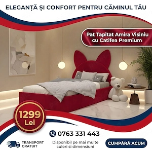 Pat Tapitat Amira Visiniu cu Catifea Premium  Calitate premium Variantă premium