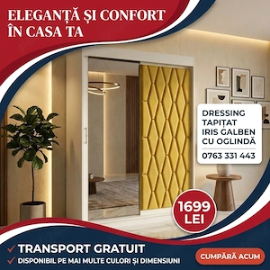 Dressing Tapitat Iris Galben Cu Oglinda Disponibil acum Mobilă dormitor la ofertă