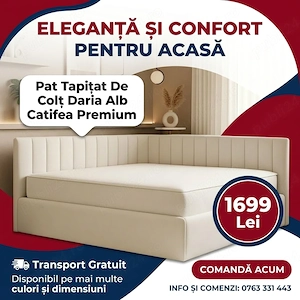 Pat Tapitat De Colt Daria Alb Catifea Premium  Model elegant Descoperă rapid mobilă pentru dormitor