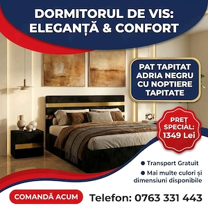 Pat Tapitat Adria Negru Cu Noptiere Tapitate În stoc Set dormitor complet preț bun