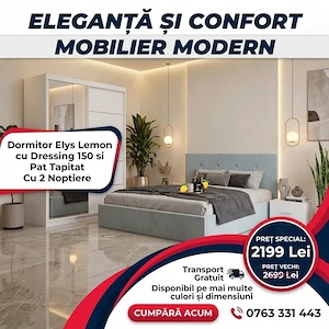 Dormitor Elys Lemon cu Dressing 150 si Pat Tapitat Cu 2 Noptiere Disponibil acum Reduceri mobilă dor