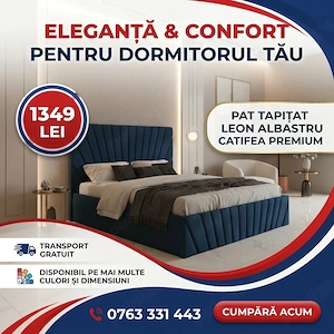 Pat Tapitat Leon Albastru Catifea Premium  Finisaje premium Profită de chiar azi dormitoare moderne