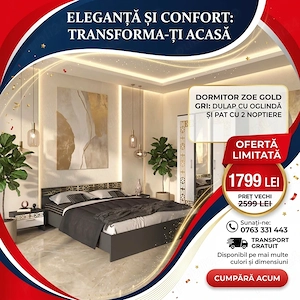 Dormitor Zoe Gold Gri Dulap Cu Oglinda si Pat cu 2 Noptiere Comandă acum Dormitor nou preț avantajos