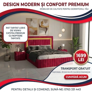 Pat Tapitat Loris Visiniu Catifea Premium cu Noptiere Tapitate  Model elegant Dormitor premium ofert