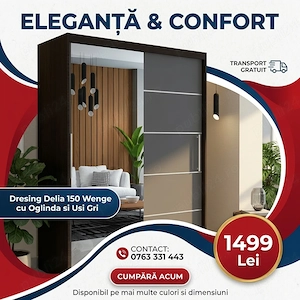 Dresing Delia 150 Wenge cu Oglinda si Usi Gri Transport oriunde în România Mobilă dormitor preț avan
