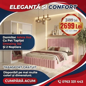 Dormitor Adela Roz Cu Pat Tapitat Dressing 150 Si 2 Noptiere Livrare rapidă Reduceri mobilier dormit