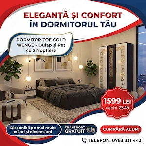 Dormitor Zoe Gold Wenge Dulap si Pat cu 2 Noptiere  Finisaje premium Profită de astăzi seturi dormit