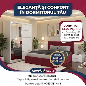 Dormitor Elys Visiniu cu Dressing 150 si Pat Tapitat Cu 2 Noptiere Disponibil acum Set dormitor comp