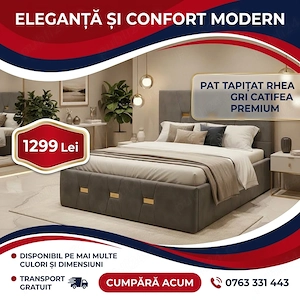 Pat Tapitat Rhea Gri Catifea Premium  Materiale de calitate Colecție premium