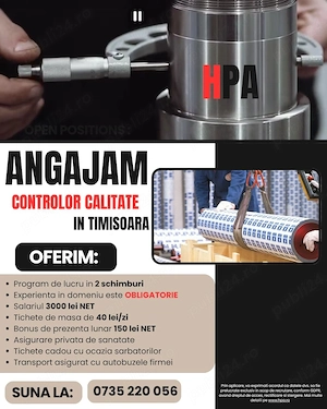 HPA recrutează Controlor calitate pentru o fabrică din Timișoara