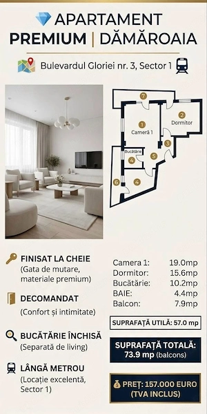 Oportunitate ! Ap 2 camere damaroaia -gloriei nr 3 sector 1 - lângă metrou - decomandat