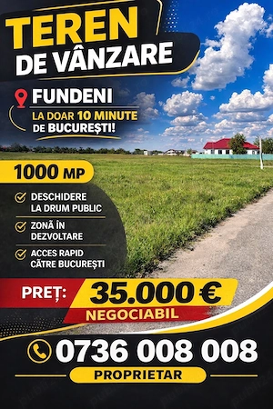 Teren de vânzare   Fundeni, la doar 10 minute de București!