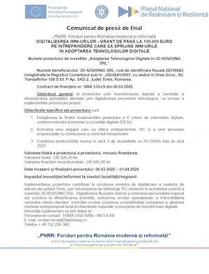 Comunicat de presă de final PNRR: Fonduri pentru România modernă și reformată!
