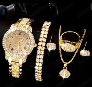 Ceas Dama + Colier, cercei,bratara,inel Set Cadou Iubita Sotie, Otel Aurit
