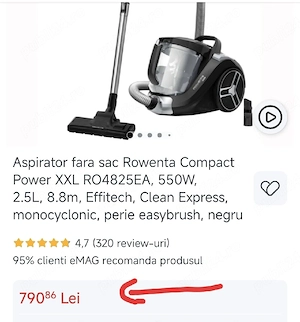 Aspirator fara sac Rowenta Compact Power XXL RO4825EA, 550W, 2.5L, 8.8m