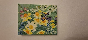 Tablou pictat manual,flori de primavara,dim 20 cm x 25 cm,culori acrilice 