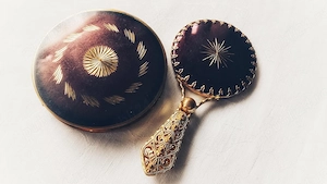 Set vintage damă: Pudrieră și Oglindă grena auriu - imagine 3