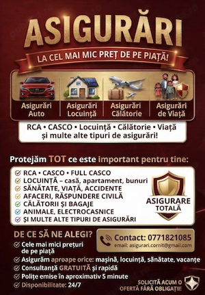 Asigurări RCA, CASCO, Locuință, Sănaătate, etc. - Cele mai mici prețuri! Emitere Rapidă