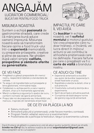 Lucrator commercial Bucatar pentru Food Truck