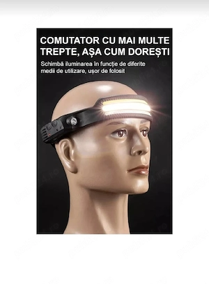 Lanternă frontală LED, 3 benzi LED, baterie 1200mAh, impermeabilă - imagine 5