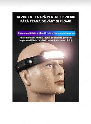 Lanternă frontală LED, 3 benzi LED, baterie 1200mAh, impermeabilă - imagine 2