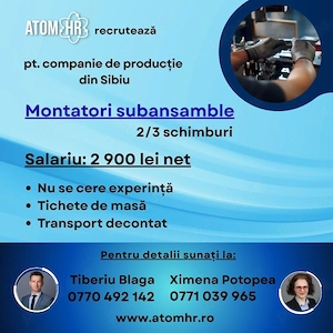 Angajăm Montatori subansamble pt.companie din Sibiu.
