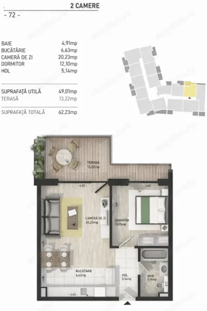 Apartament cu 2 camere, 49 mp, terasa 13 mp, zona Semicentrala