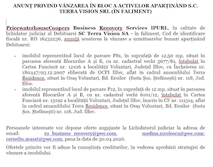 Anunt privind vanzarea a 2 locuri parcare Terra Residence