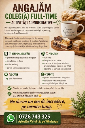 Angajăm coleg(ă)   activități administrative - Pantelimon
