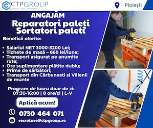 Reparatori Paleti Ploiesti | 3200 lei NET | Program de zi | Transport asigurat