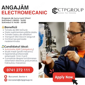 Electromecanic Bucuresti (Sector 4) | 2 schimburi | Salariu 6500-7500 lei NET